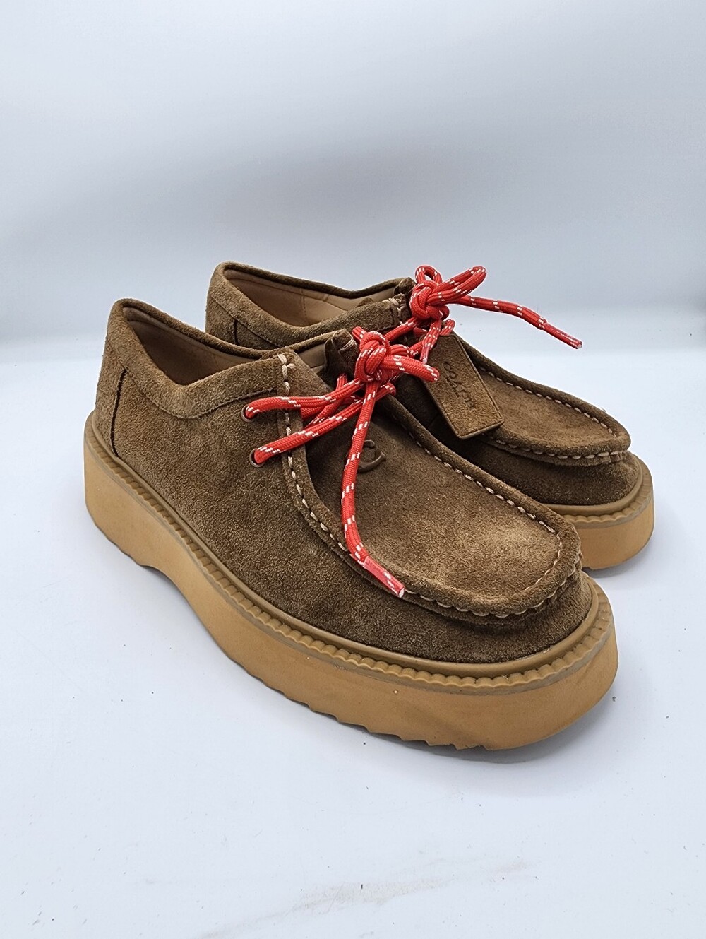 Coach Brown Suede Moccasin Loafers with Red Contrast Laces